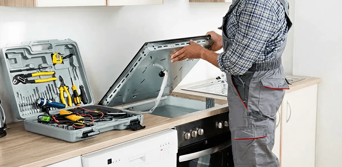 Handyman repairing a cooktop and checking wiring connections in Lincoln, NE