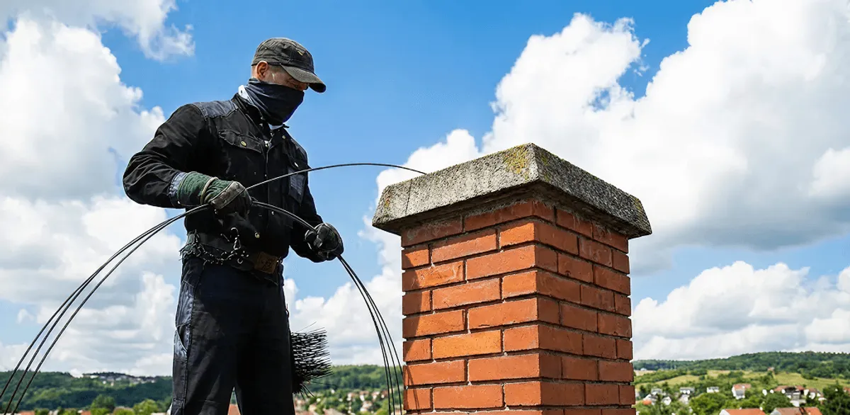 Chimney sweep cleaning a brick chimney with professional tools in Lincoln, NE